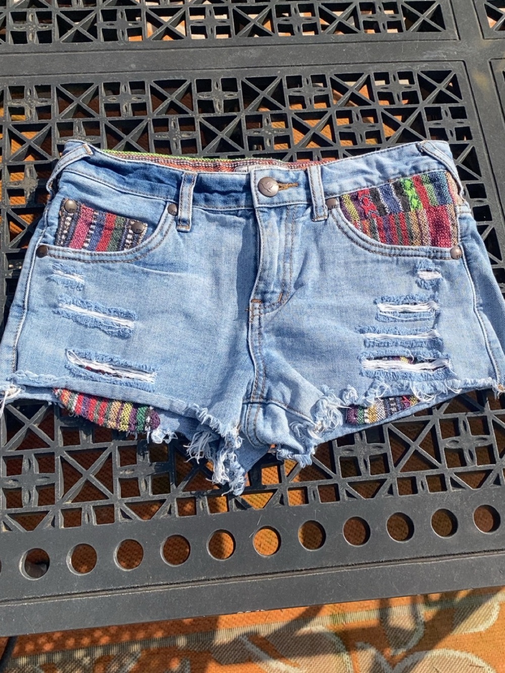Free People Light Blue Distressed Denim Shorts with Multicolor Trim